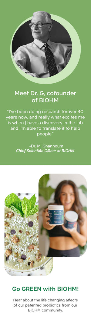 Dr G. of BIOHM + Super Greens with a smoothie bowl 
